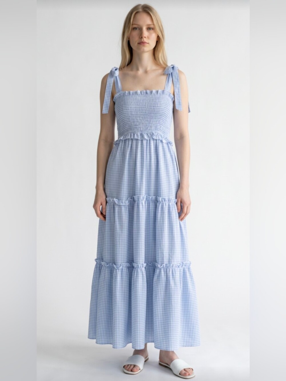 NWT! FLOERNS! BLUE, WHITE GINGHAM CHECKS, SEERSUCKER RUFFLED MAXI DRESS! SZ M